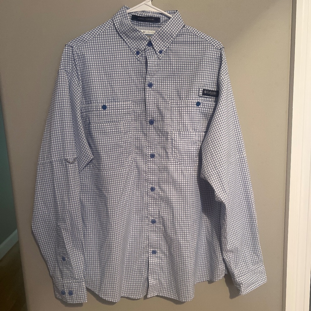 Men’s Columbia PFG Super Tamiami LS Button Down Shirt Medium Blue/White